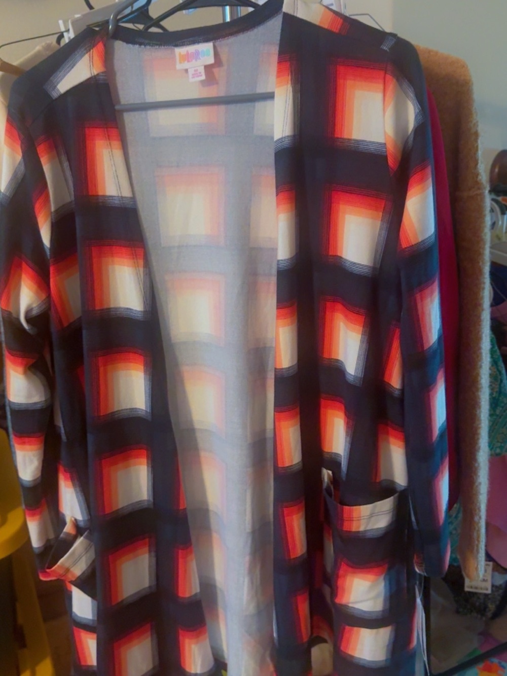 LuLaRoe Open-Front Cardigan in Black, Red & Cream